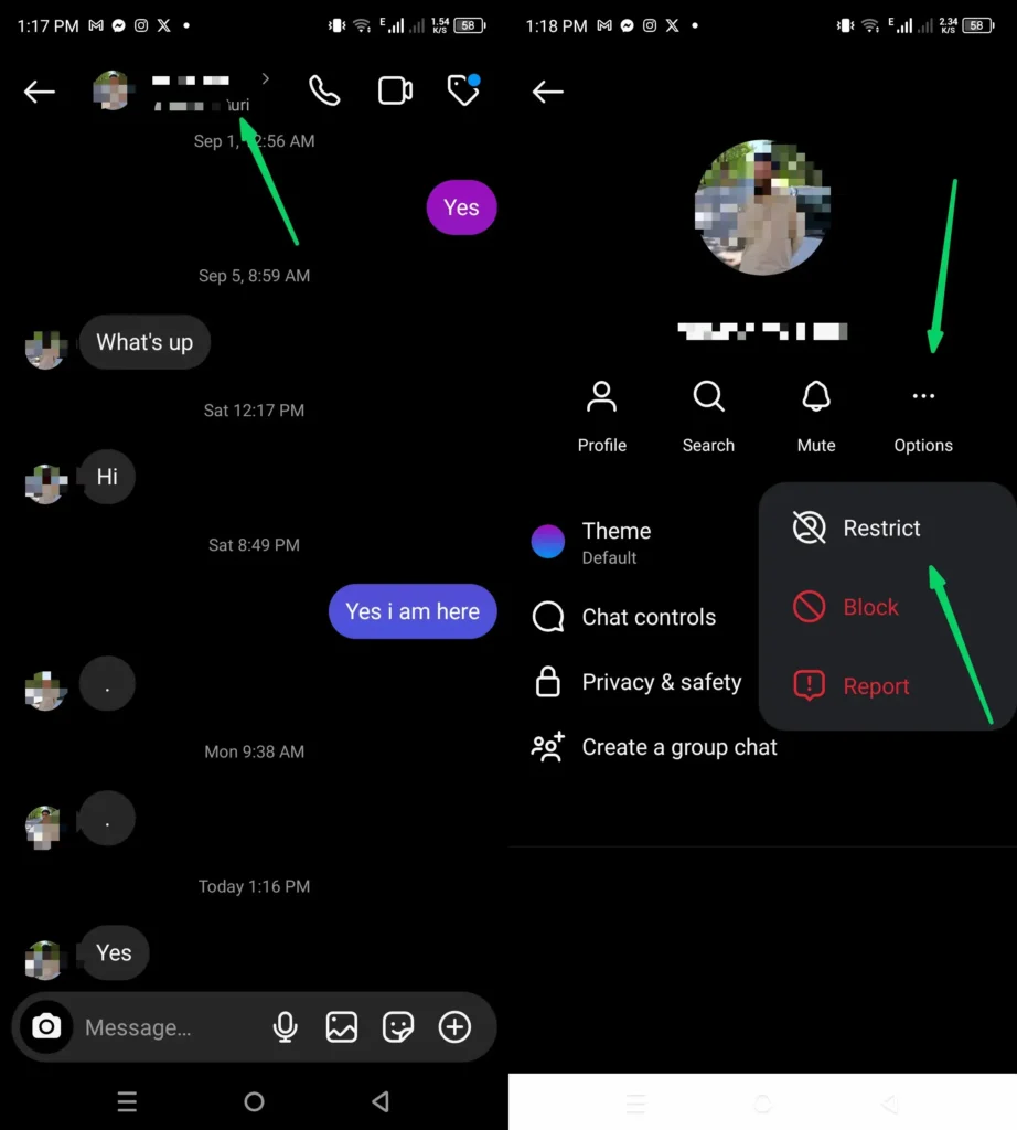 how to restrict a user from chat area on instgram